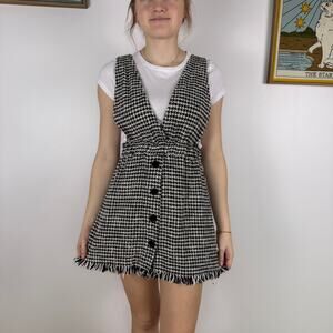 Zara houndstooth tweed pinafore mini dress black/white Small